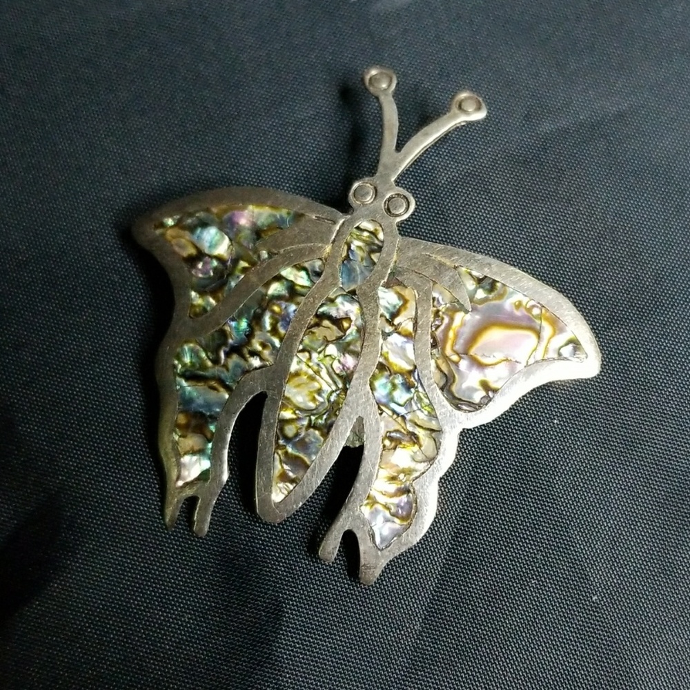 Vintage Taxco Silver Abalone Butterflye Brooch Pin